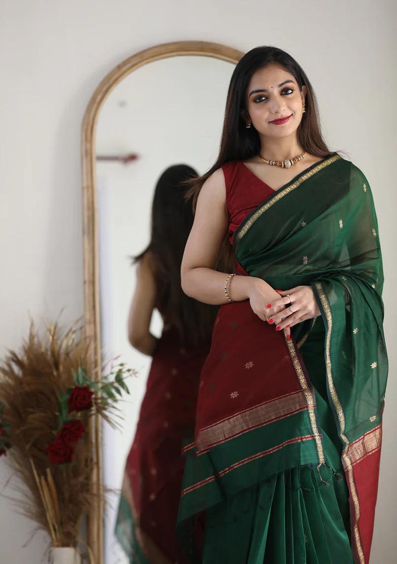 Green Zari Work Silk Saree Set - Indya