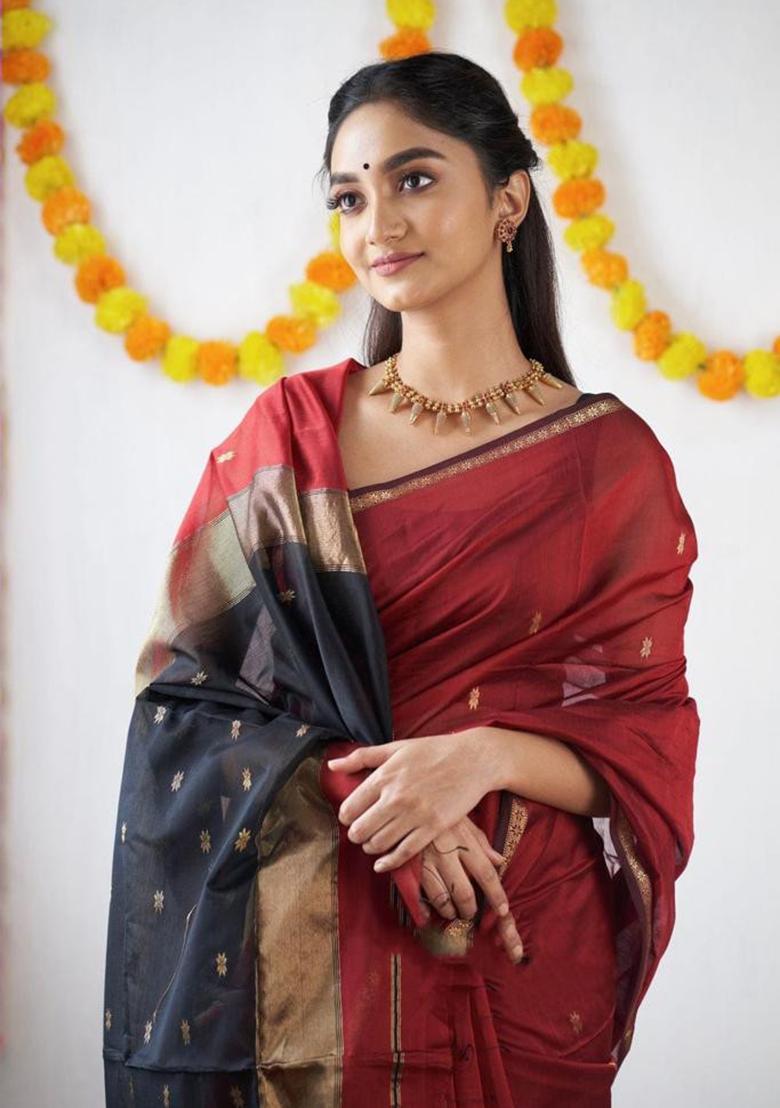 Maroon Zari Work Silk Saree Set - Indya