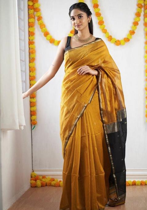 Yellow Zari Work Silk Saree Set