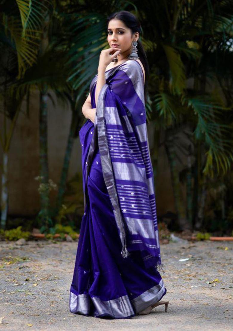 Navy Blue Jacquard Work Silk Saree Set - Indya