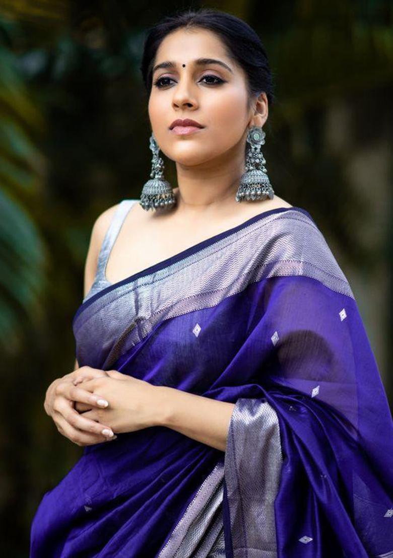 Navy Blue Jacquard Work Silk Saree Set - Indya