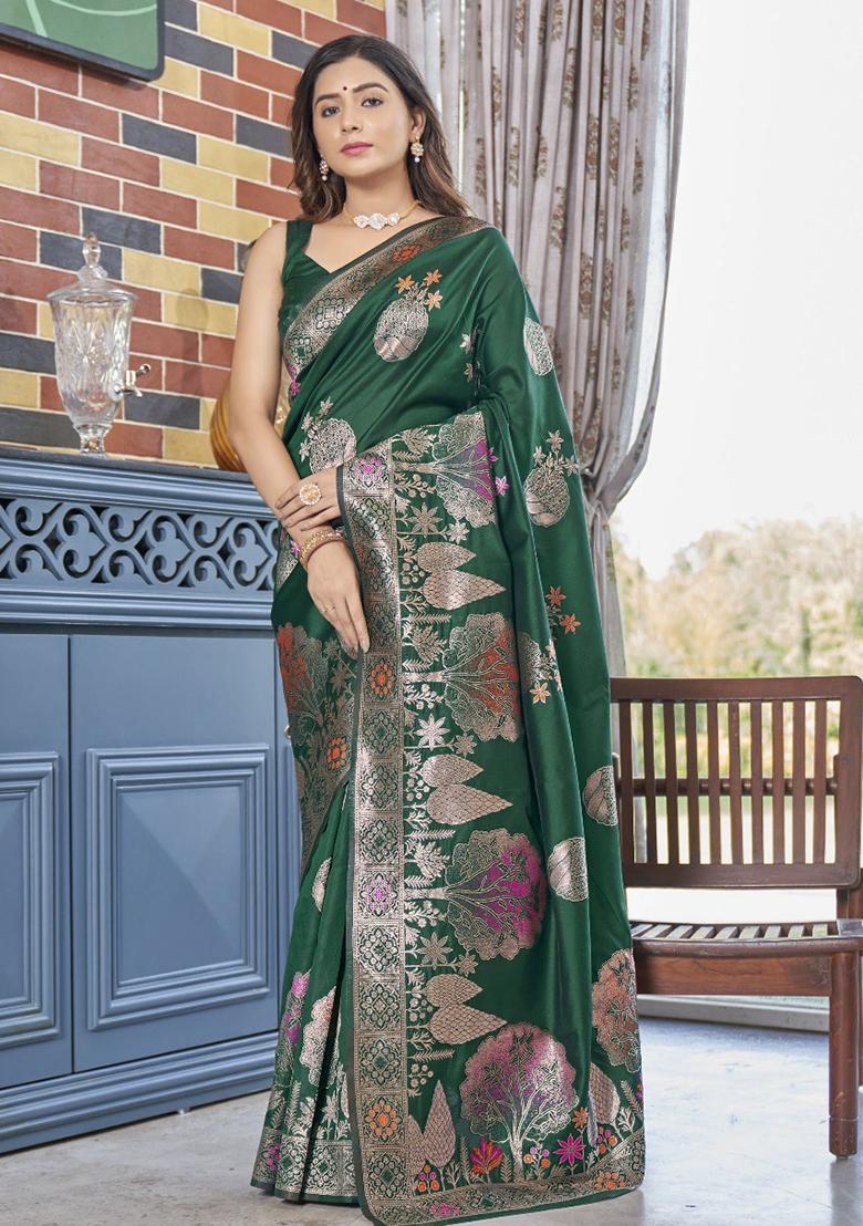 Green Zari Work Silk Saree Set - Indya