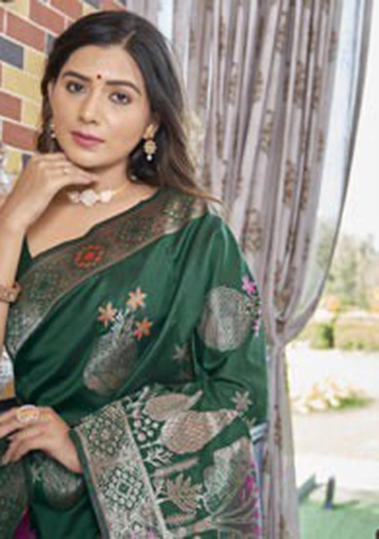 Green Zari Work Silk Saree Set - Indya