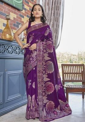 Purple Zari Work Silk Saree Set