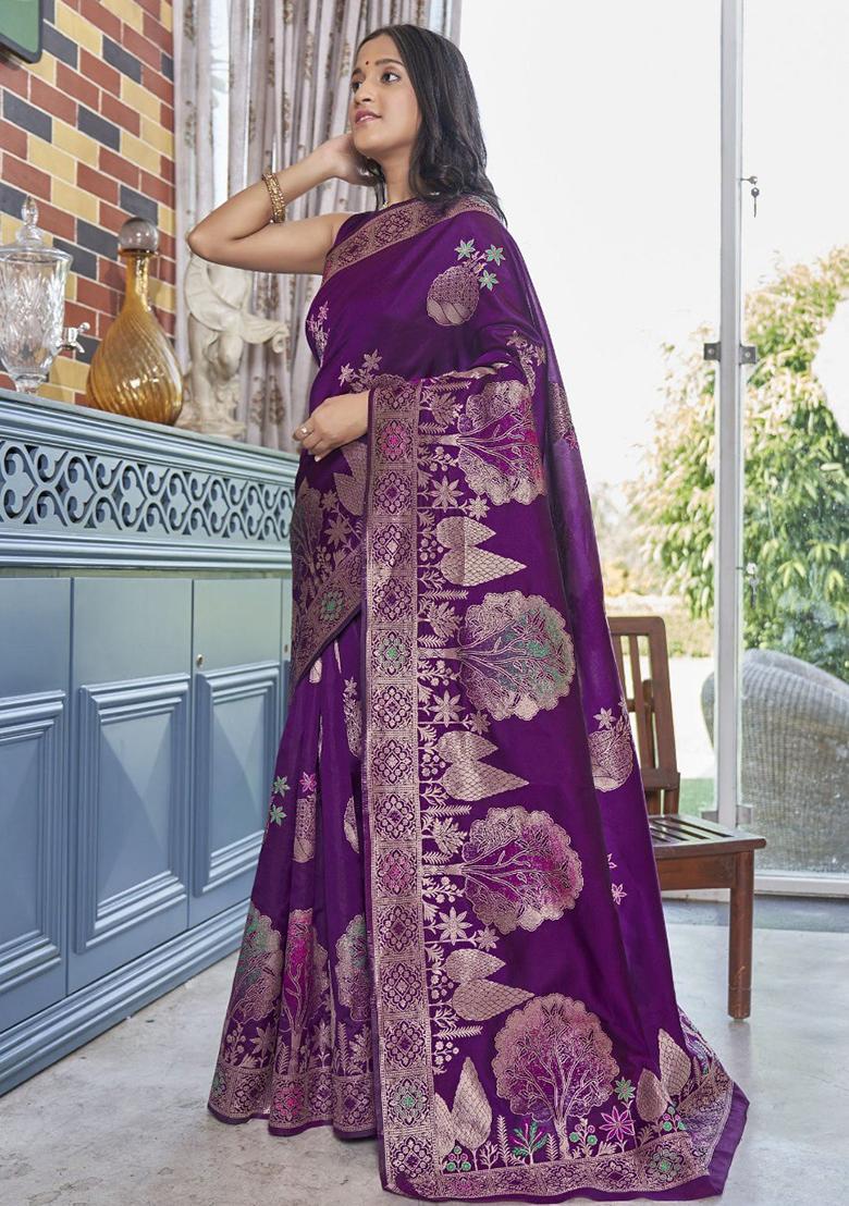 Purple Zari Work Silk Saree Set - Indya