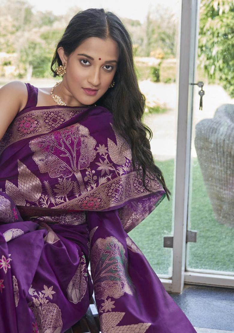 Purple Zari Work Silk Saree Set - Indya