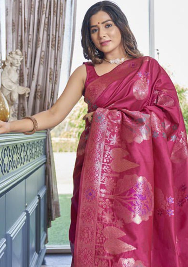 Rani Pink Zari Work Silk Saree Set - Indya