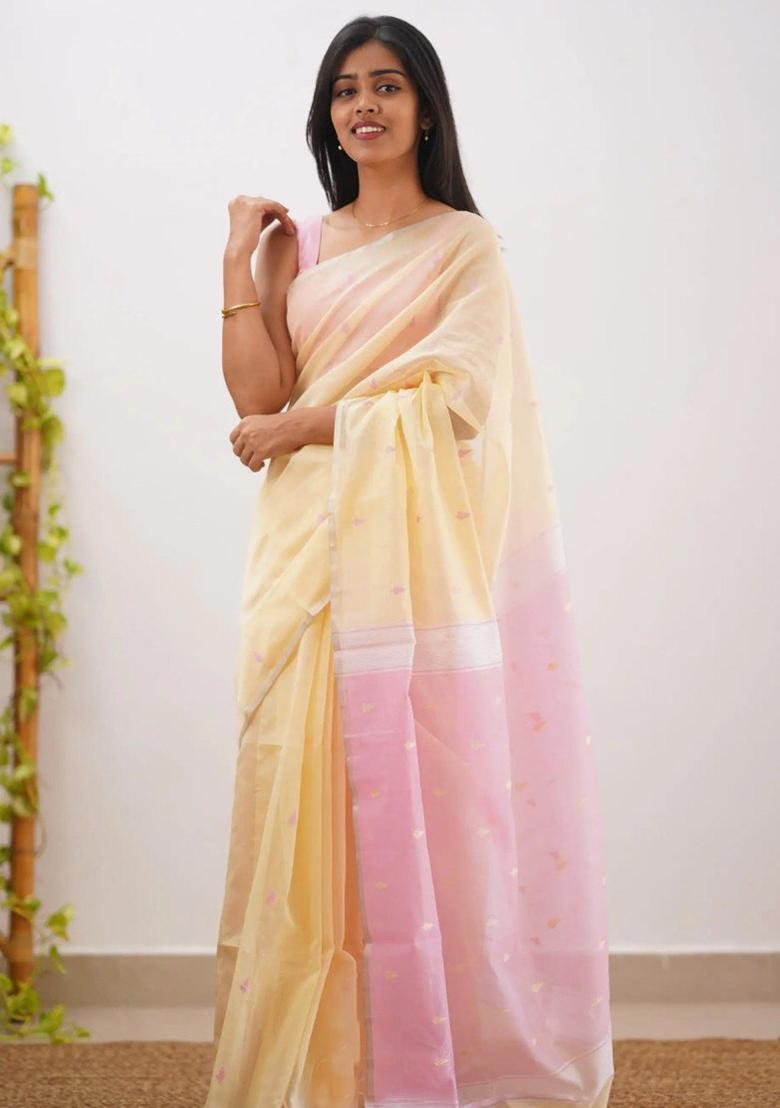 Cream Jacquard Work Linen Saree Set - Indya