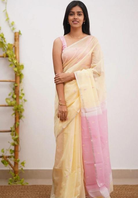 Cream Jacquard Work Linen Saree Set