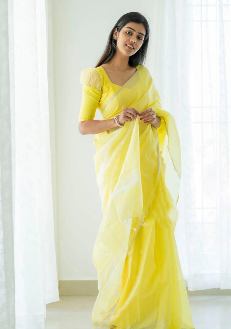Light Yellow Jacquard Work Linen Saree Set - Indya