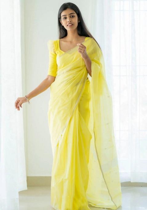 Light Yellow Jacquard Work Linen Saree Set