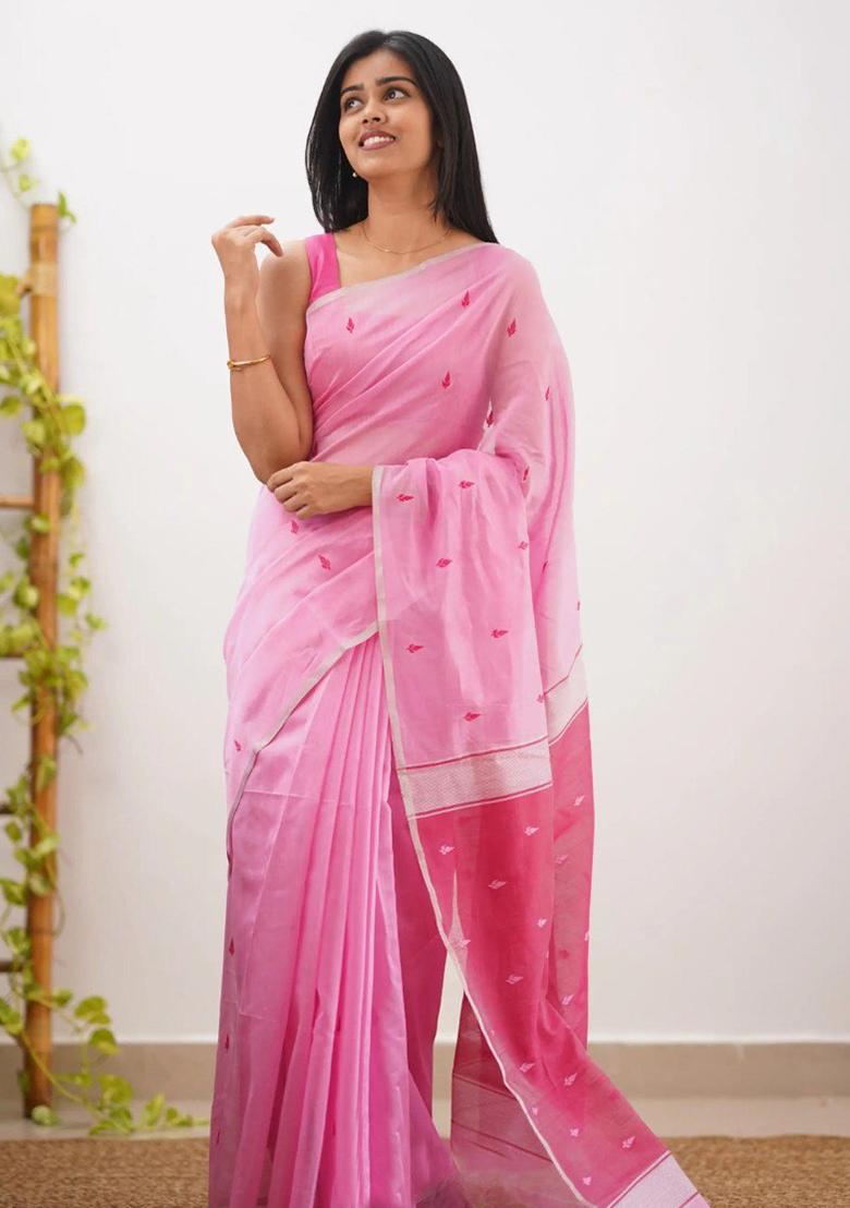 Pink Jacquard Work Linen Saree Set - Indya