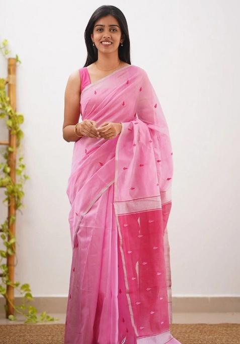 Pink Jacquard Work Linen Saree Set