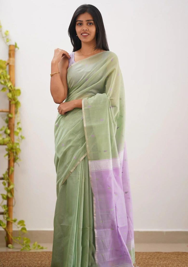 Pista Jacquard Work Linen Saree Set - Indya
