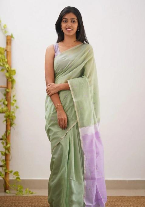 Pista Jacquard Work Linen Saree Set