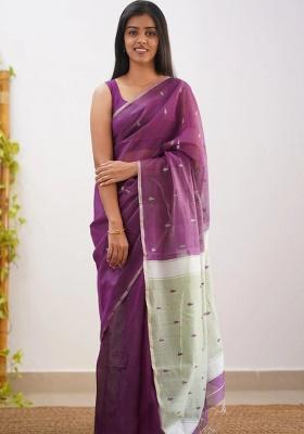 Purple Jacquard Work Linen Saree Set