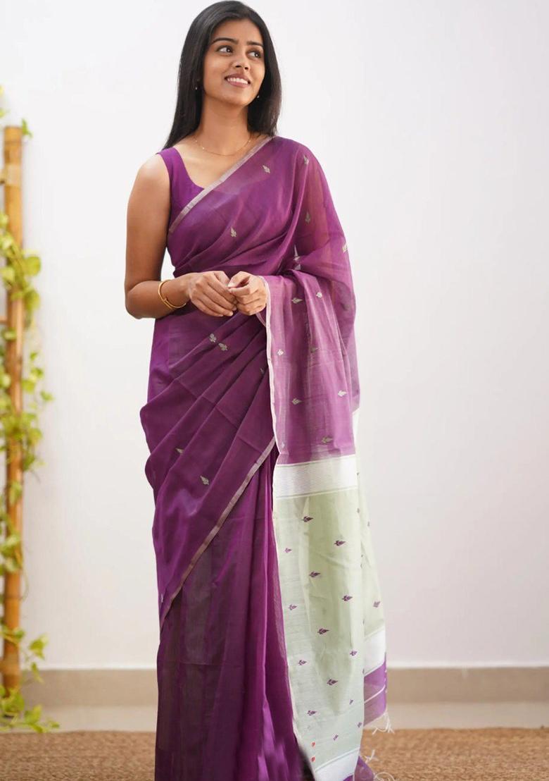 Purple Jacquard Work Linen Saree Set - Indya