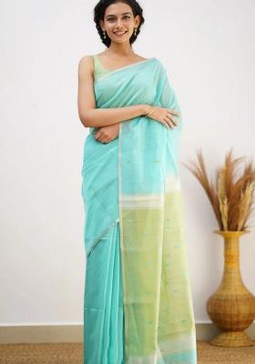 Sky Blue Jacquard Work Linen Saree Set