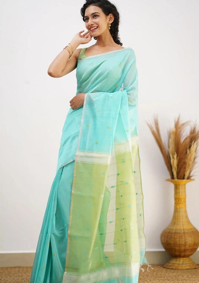 Sky Blue Jacquard Work Linen Saree Set - Indya
