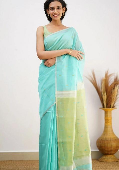 Sky Blue Jacquard Work Linen Saree Set