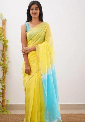 Yellow Jacquard Work Linen Saree Set