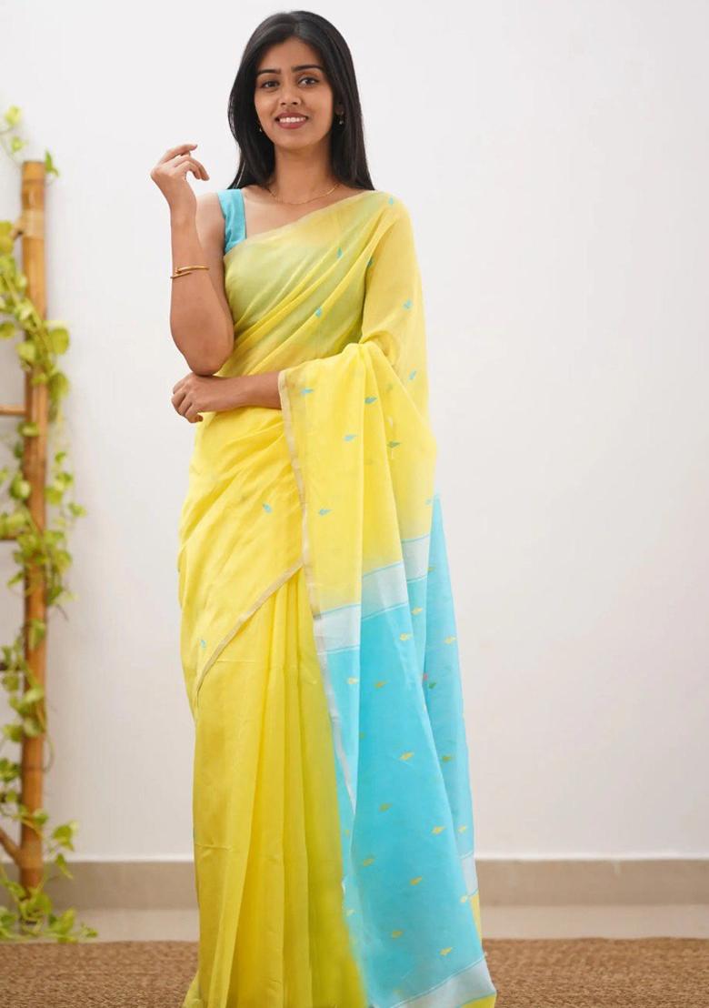 Yellow Jacquard Work Linen Saree Set - Indya