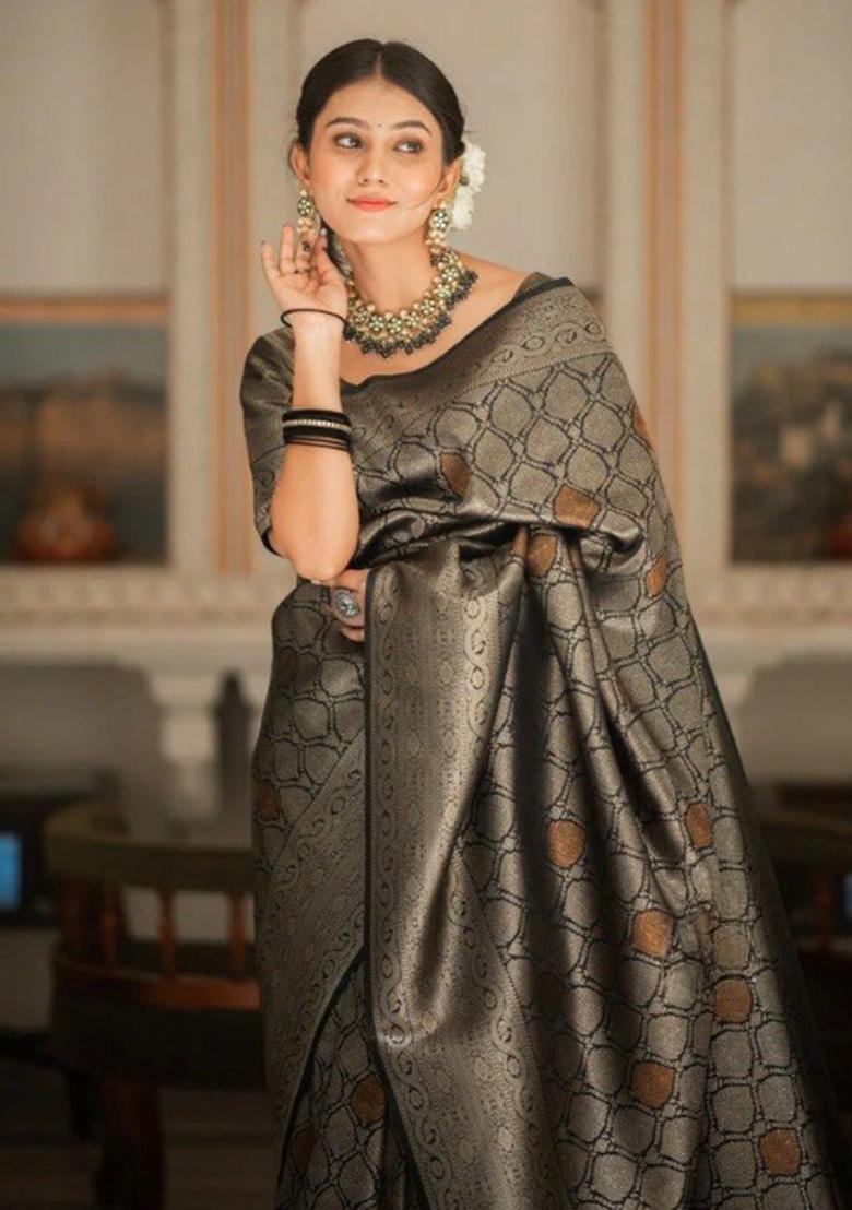 Black Zari Work Silk Saree Set - Indya