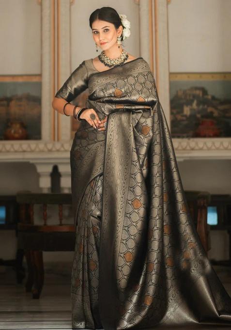 Black Zari Work Silk Saree Set