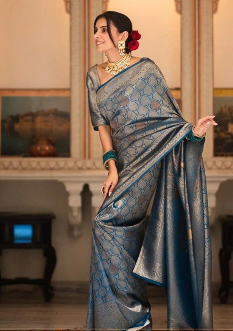 Teal Zari Work Silk Saree Set - Indya
