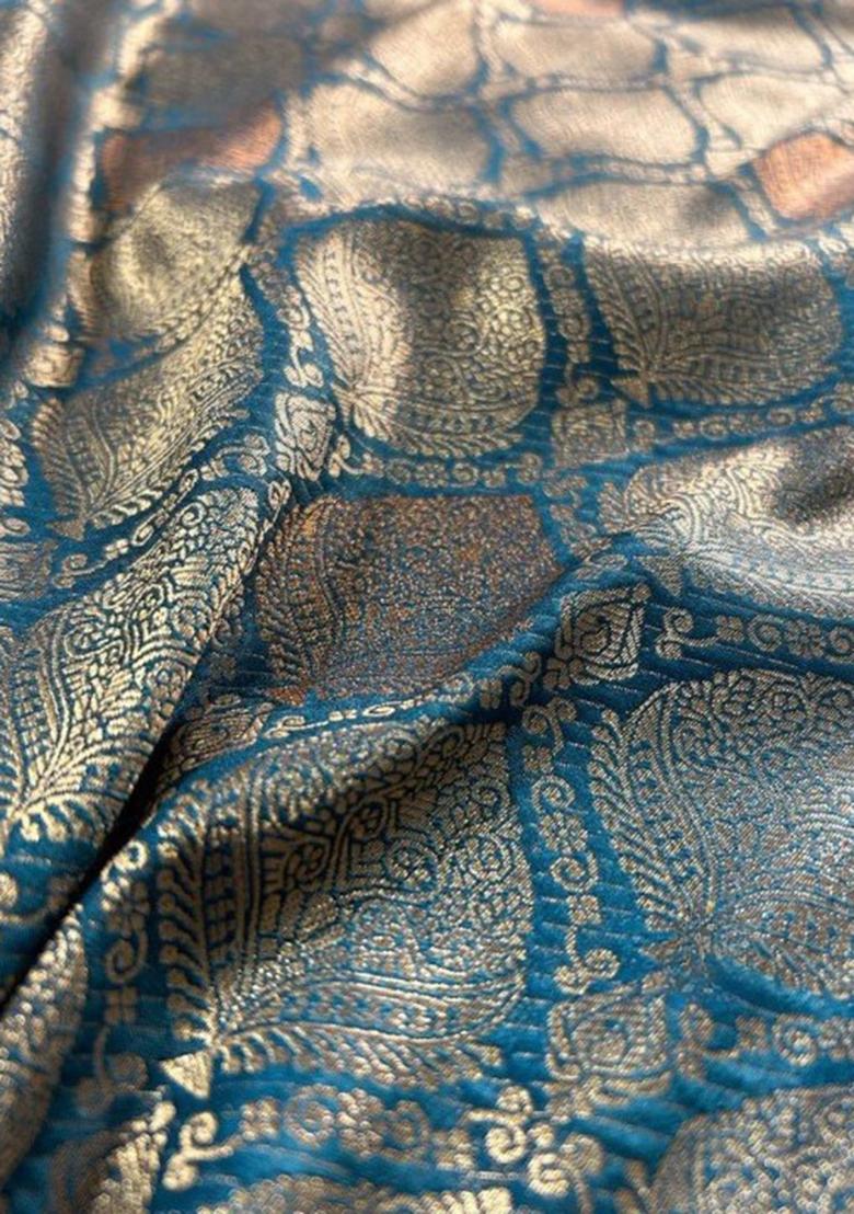 Teal Zari Work Silk Saree Set - Indya