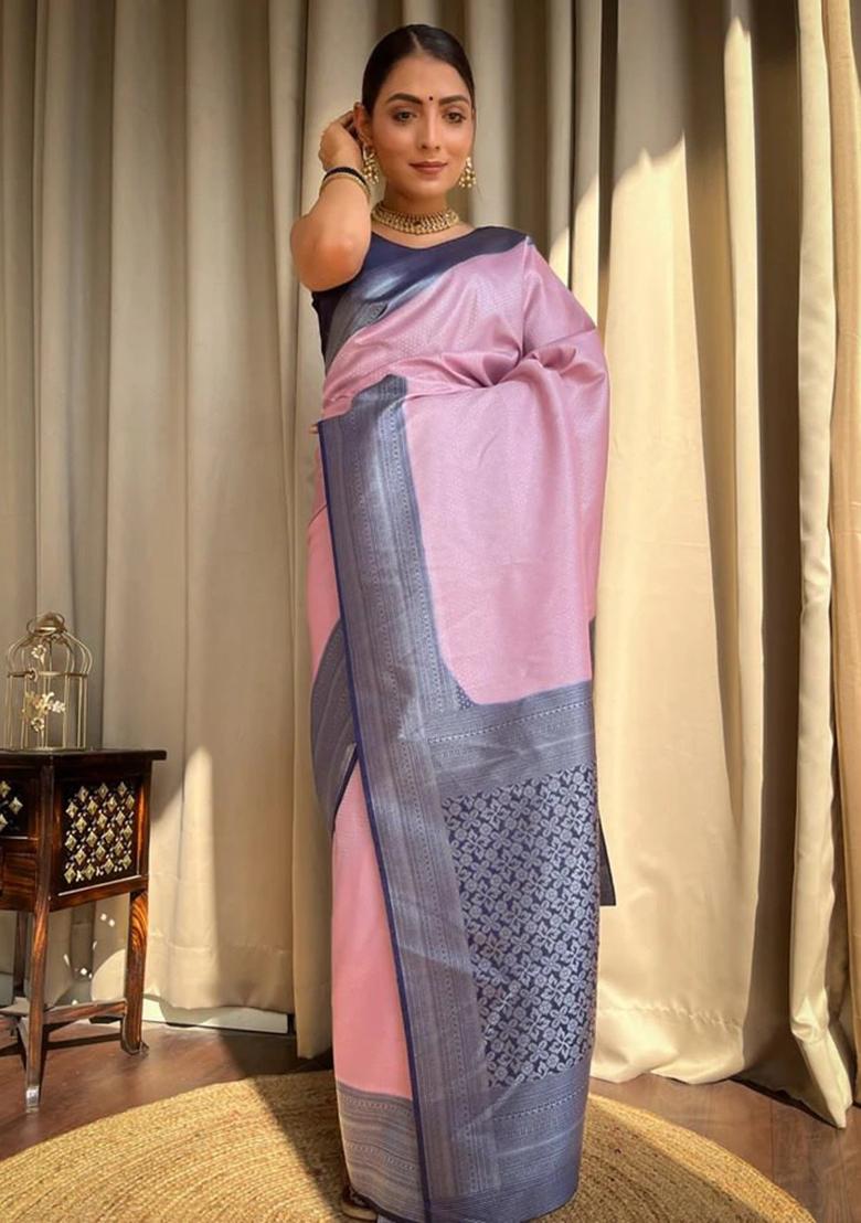 Lavender Jacquard Work Silk Saree Set - Indya