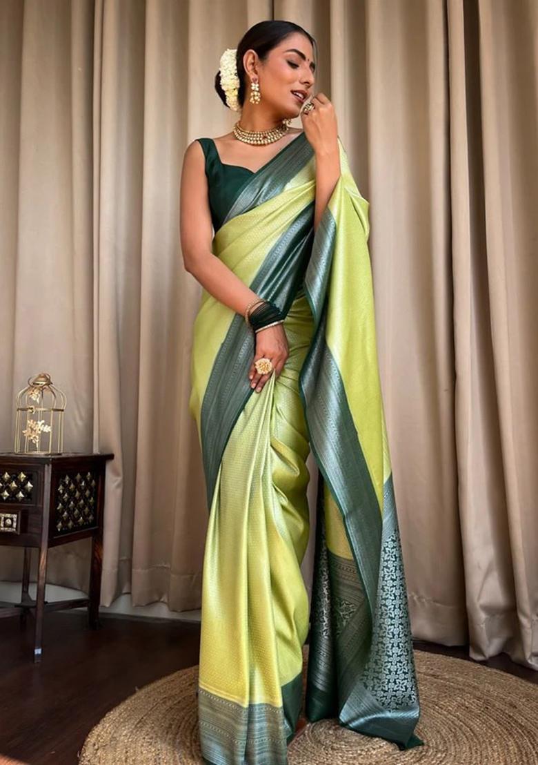 Pista Jacquard Work Silk Saree Set - Indya