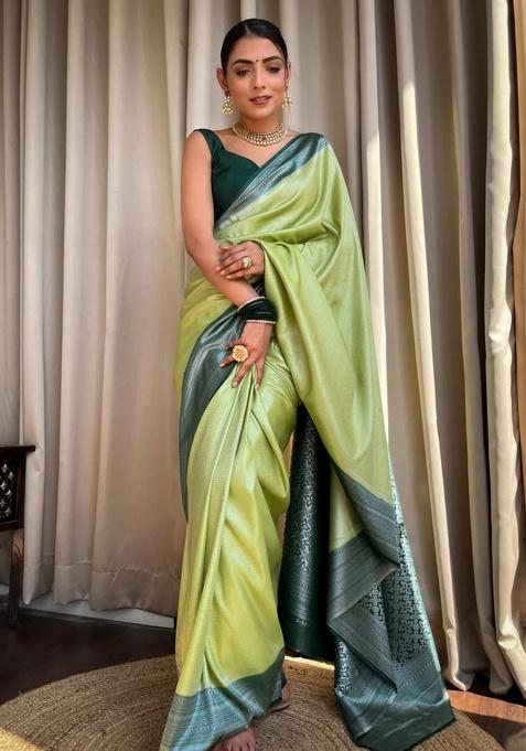 Pista Jacquard Work Silk Saree Set