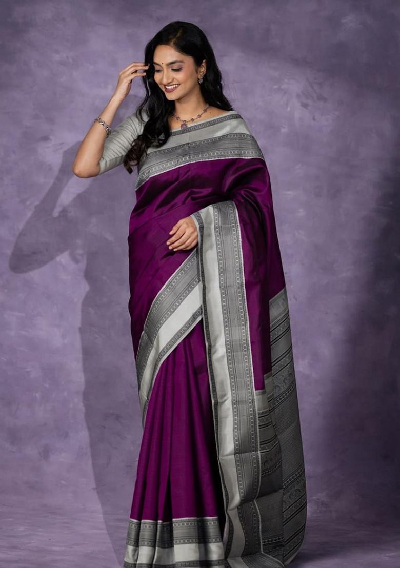 Wine Jacquard Work Silk Saree Set - Indya