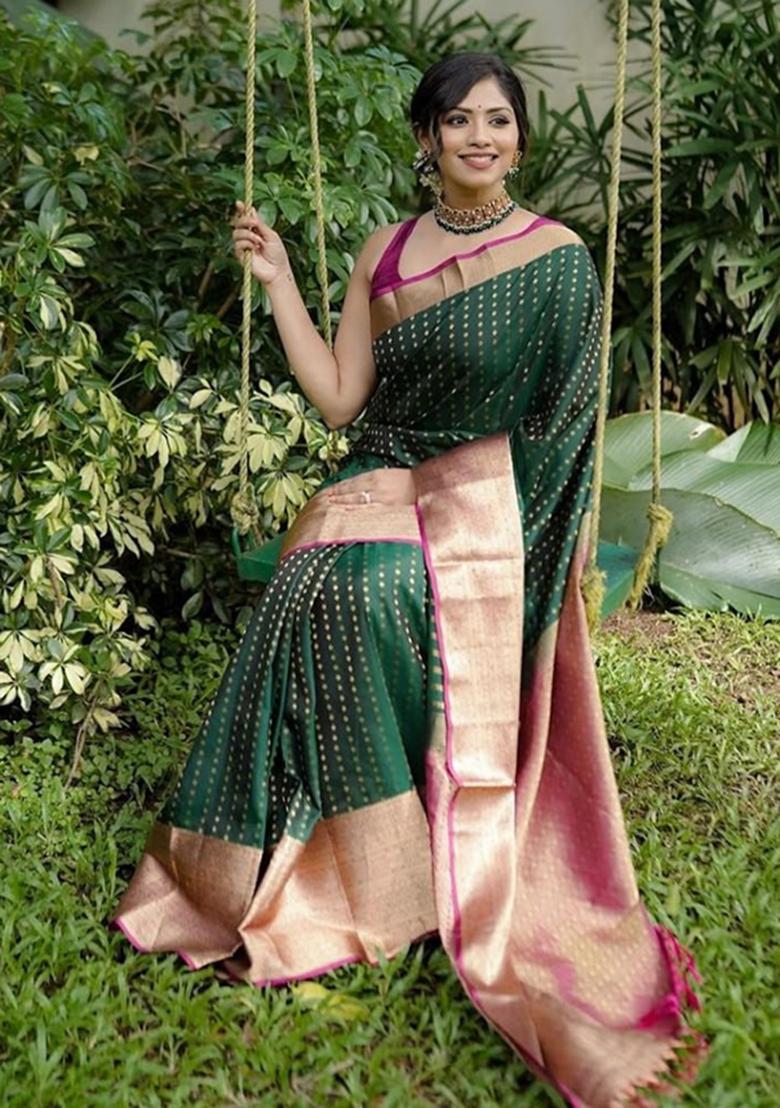 Green Jacquard Work Silk Saree Set - Indya
