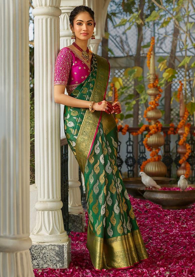 Green Jacquard Work Silk Saree Set - Indya