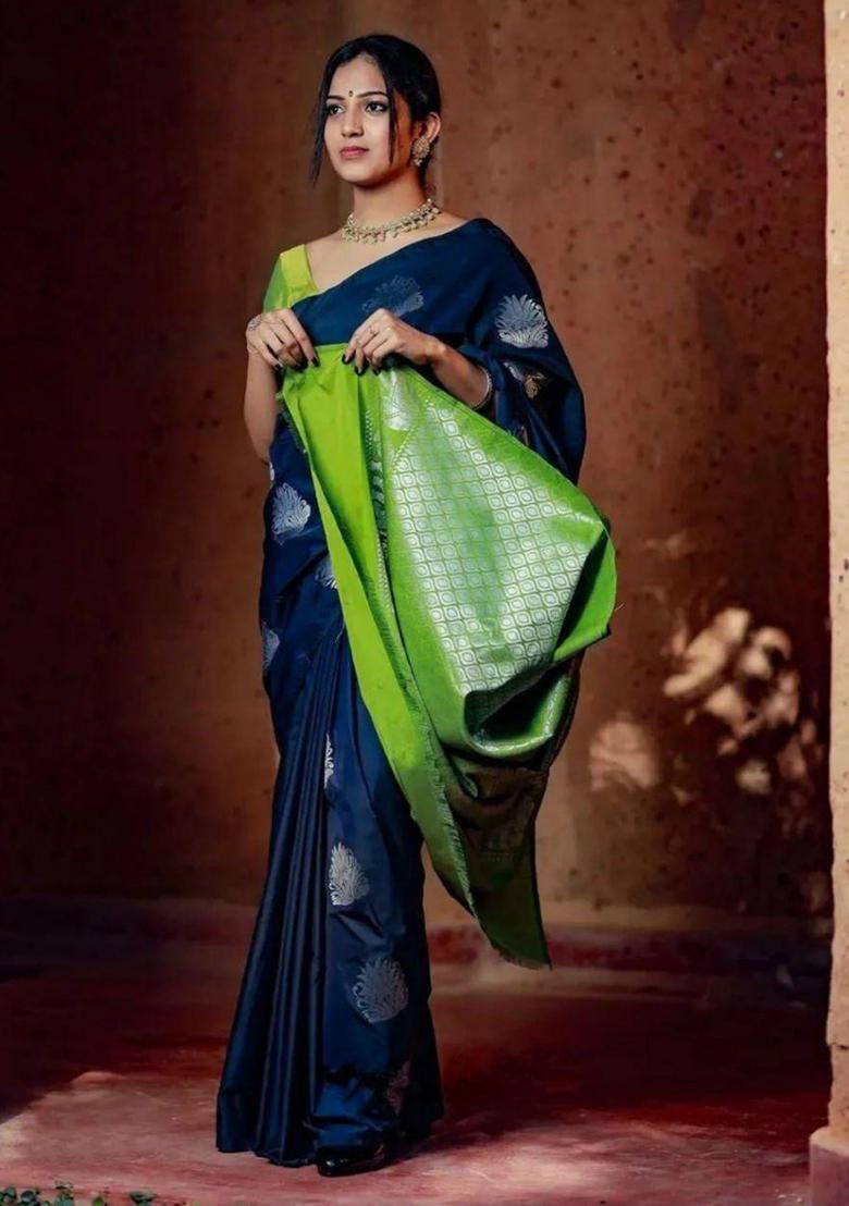 Navy Blue Zari Work Silk Saree Set - Indya