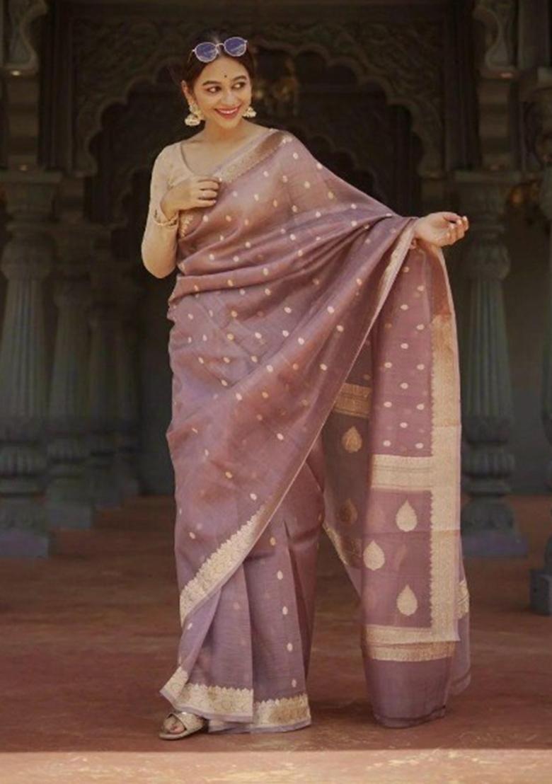 Mauve Jacquard Work Silk Saree Set - Indya