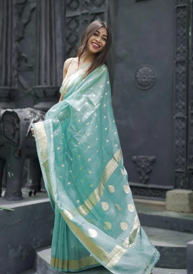 Mint Green Jacquard Work Silk Saree Set - Indya