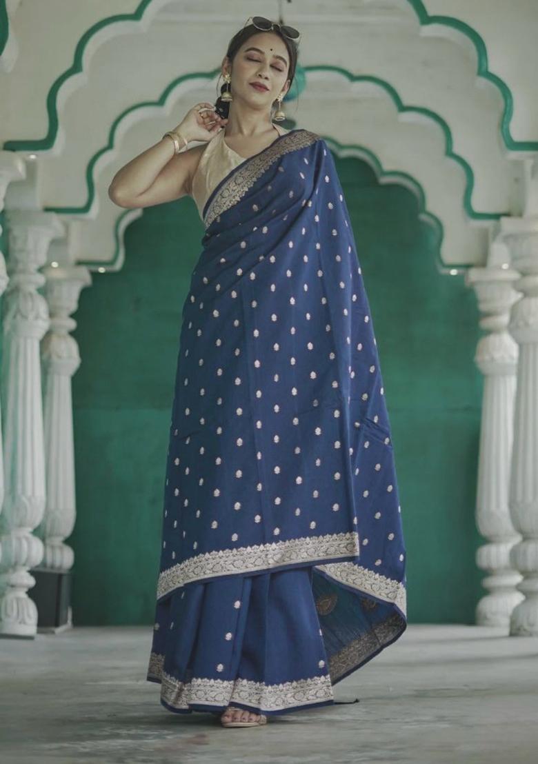 Navy Blue Jacquard Work Silk Saree Set - Indya