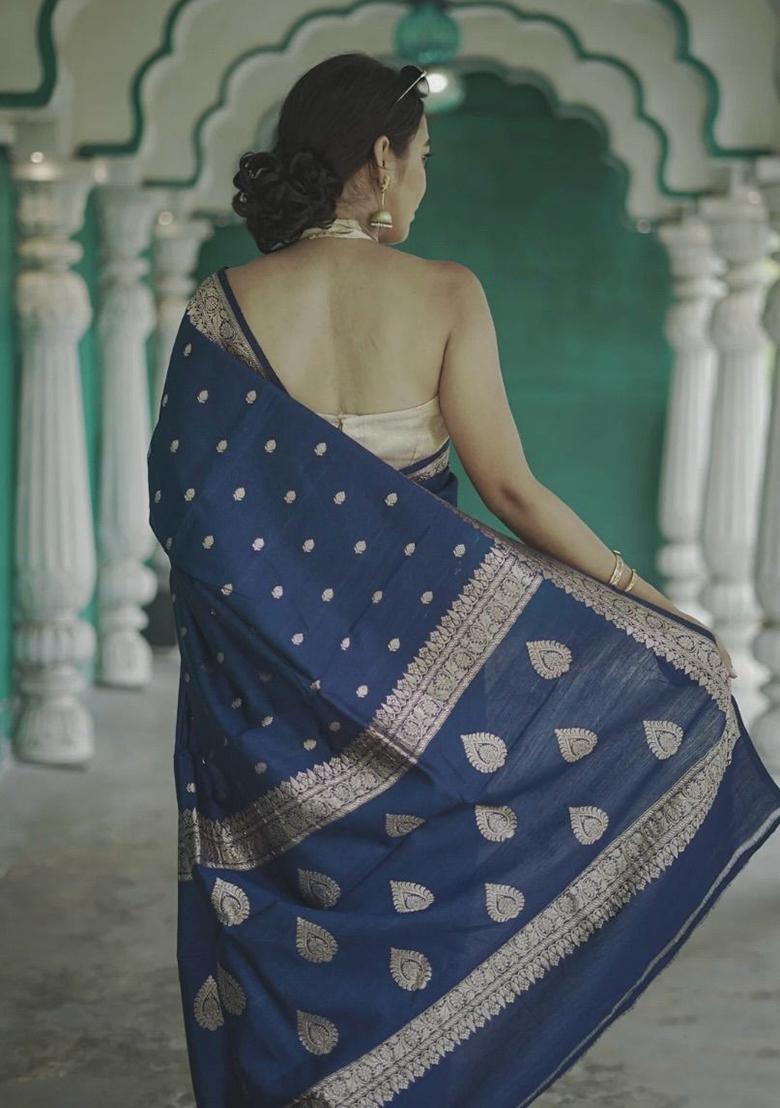 Navy Blue Jacquard Work Silk Saree Set - Indya