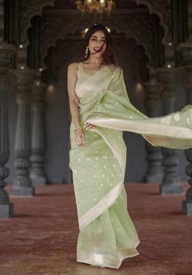 Pista Jacquard Work Silk Saree Set