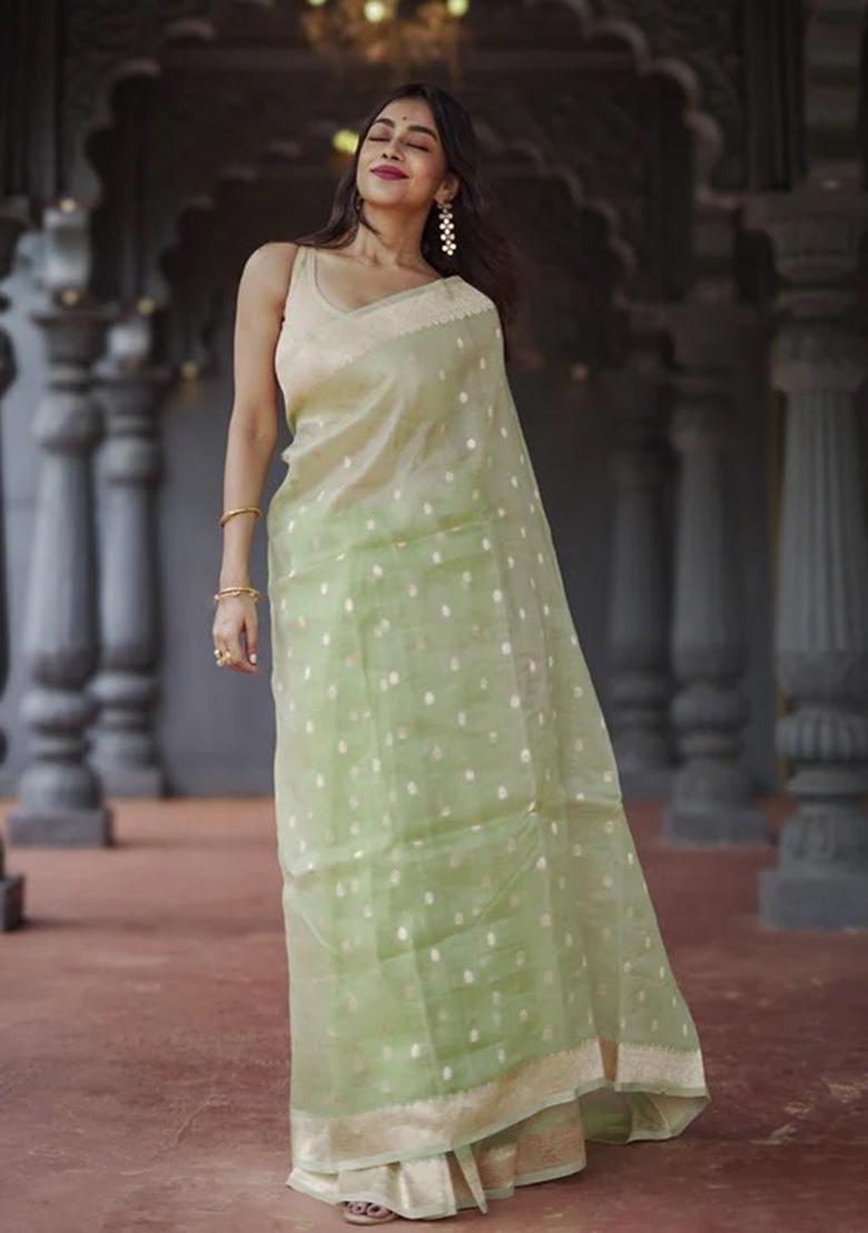 Pista Jacquard Work Silk Saree Set - Indya