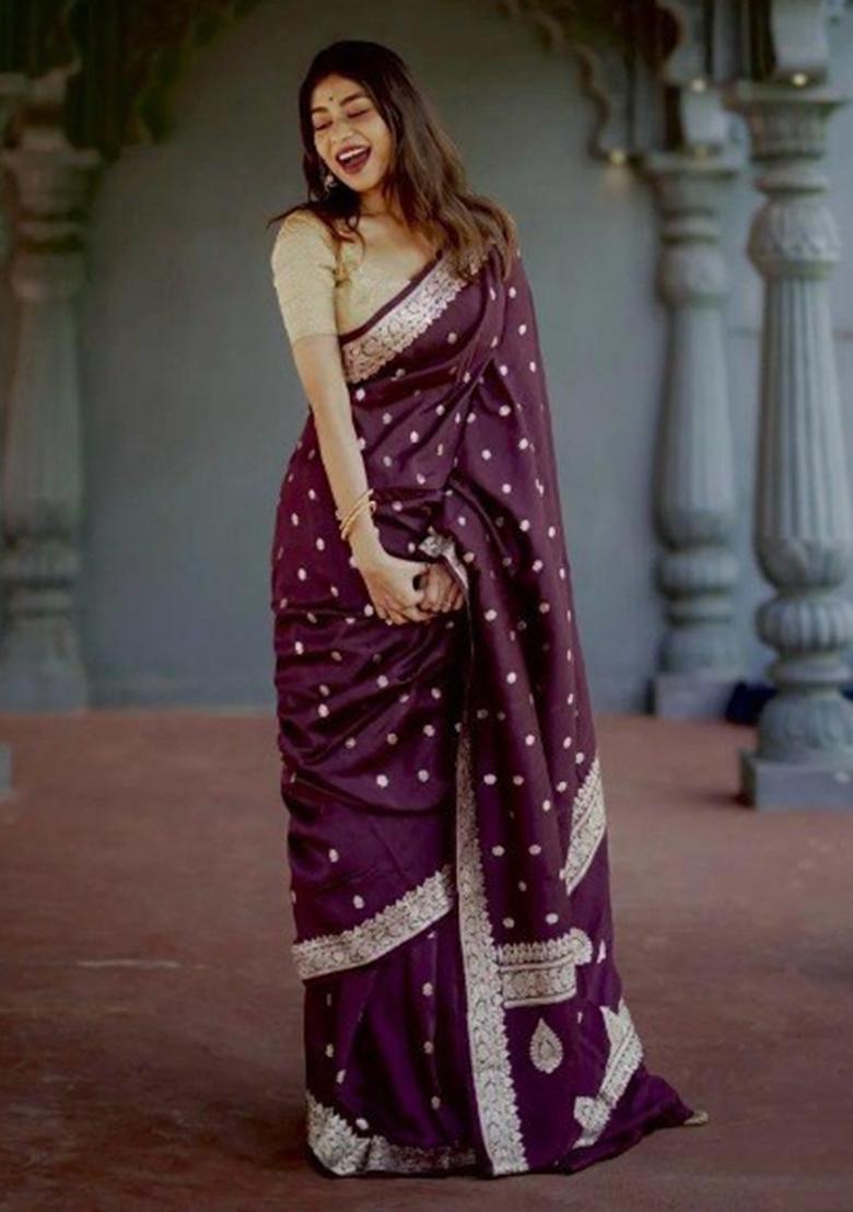 Wine Jacquard Work Silk Saree Set - Indya
