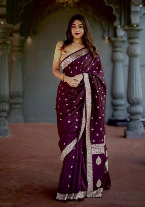 Wine Jacquard Work Silk Saree Set