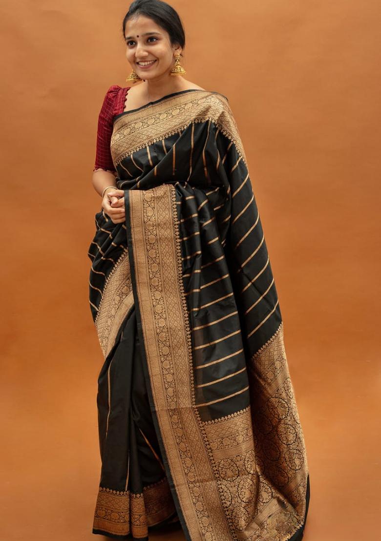 Black Jacquard Work Silk Saree Set - Indya