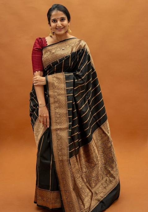 Black Jacquard Work Silk Saree Set