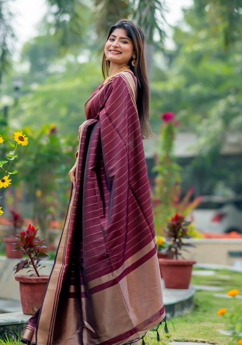 Maroon Zari Work Silk Saree Set - Indya