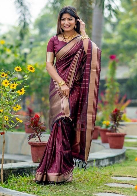 Maroon Zari Work Silk Saree Set