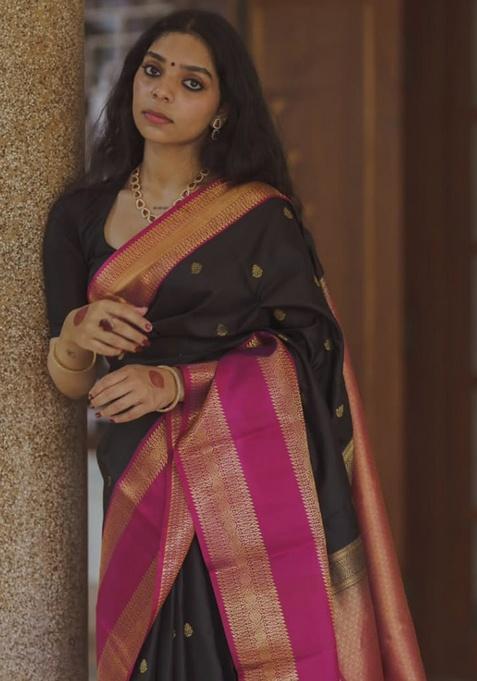 Black Jacquard Work Silk Saree Set